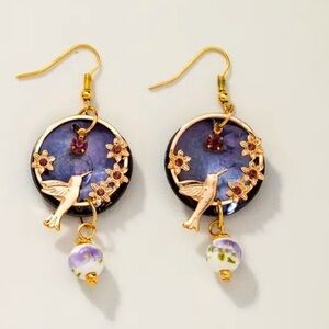 Hummingbird, Winged Bird Dangle, Retro Bohemian, Southwestern Golden Earrings